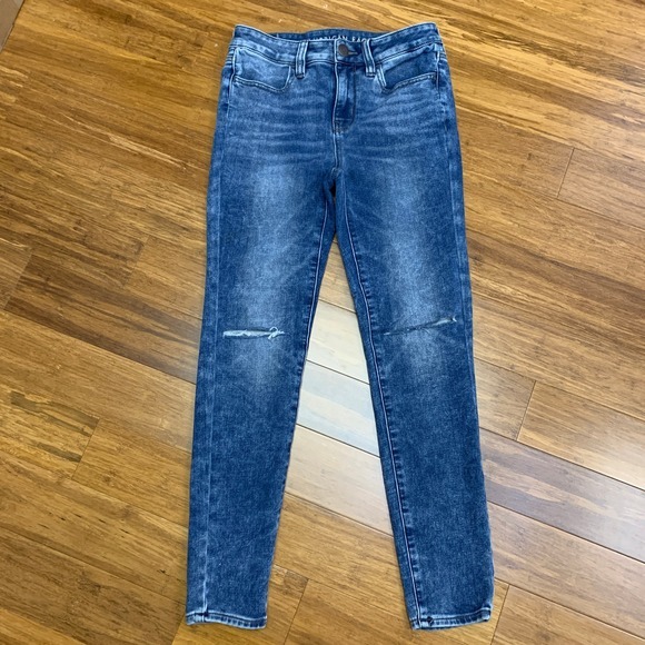 American Eagle Hi-Rise Jegging Womens Size 2 Short Super Stretch Ripped Knee Blu - Picture 1 of 9